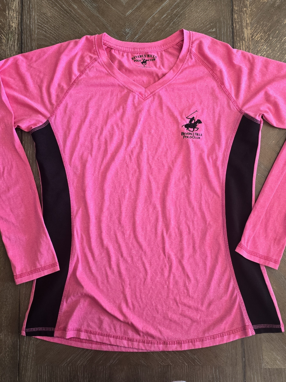 Beverly Hills Polo Club Hot Pink Long Sleeve V-Neck Top with Black Panels